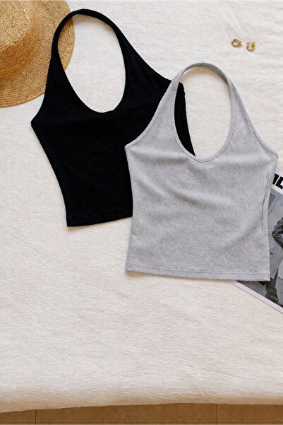 ÖZ PAMUK Γυναικεία μπλούζα με χιαστί λαιμόκοψη, αμάνικη, 2 τεμαχίων, ριμπ, βα...