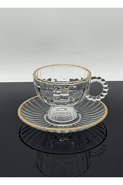 ALQANNAS 6-Piece Tea Cup Set with 6 Saucers, Crystal Glass with Gold Line Design
