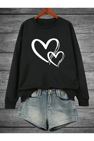 EYAX MODA Women's Heart Printed Crew Neck Sweatshirt