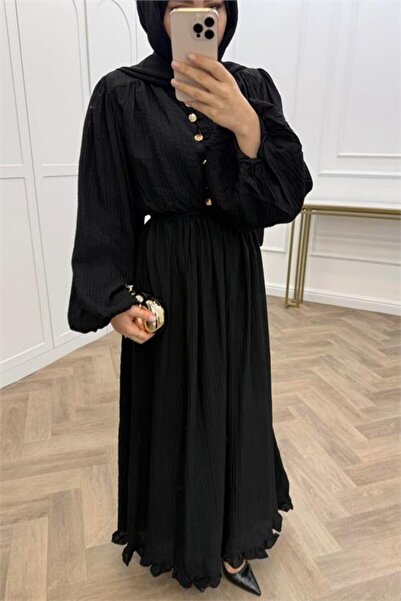 Neşeli Butik Women's Black Skirt with Ruffles and Button Details Cotton Loose...