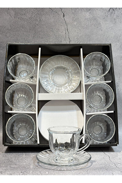 ALQANNAS طقم اكواب شاي 6 حبة مع 6 صحون قزاز كريستال علئ خط فضي