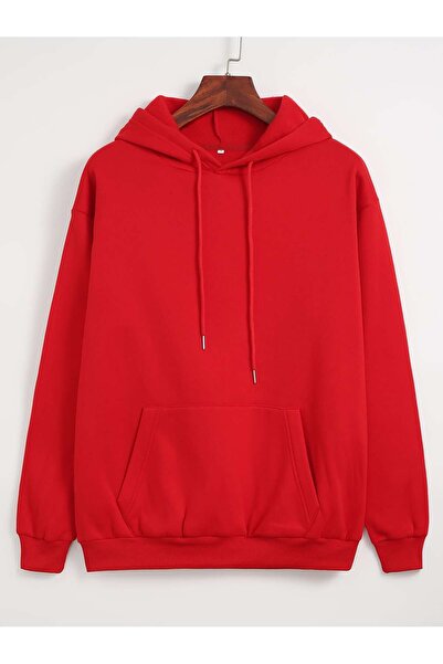 EYAX MODA Unprinted Hooded Red Oversize Unisex Sweatshirt