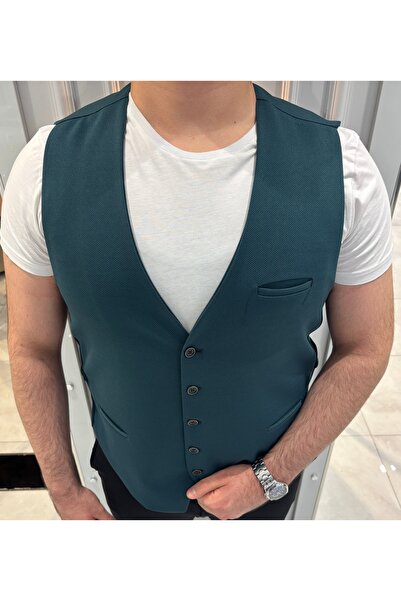 SABRİ ZENGİN Men's Emerald V-Neck Slim Fit Full Fabric Vest