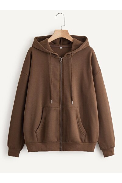 EYAX MODA Zippered Hooded Oversize Sweatshirt