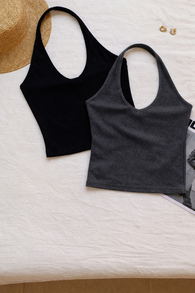 ÖZ PAMUK Γυναικεία μπλούζα με χιαστί λαιμόκοψη, αμάνικη, 2 τεμαχίων, ριμπ, βα...