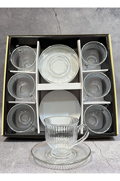 ALQANNAS طقم اكواب شاي 6 حبة مع 6 صحون قزاز كريستال علئ خط فضي