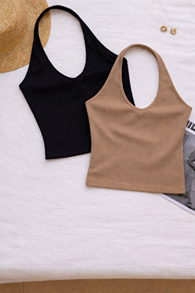 ÖZ PAMUK Γυναικεία μπλούζα με χιαστί λαιμόκοψη, αμάνικη, 2 τεμαχίων, ριμπ, βα...