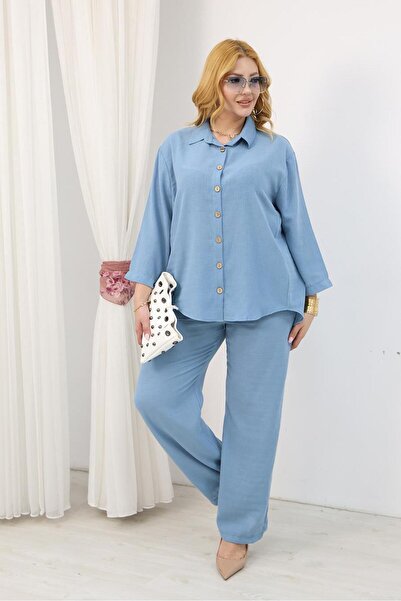 Siyezen Plus Size Linen Suit with Wooden Button Detail