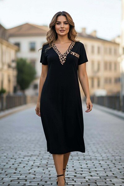 Mossta V-Neck Leopard Print Detailed Short Sleeve Viscose Dress - Black