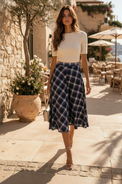 NO 601 Women's Plaid Patterned Midi Length Long Flared Skirt