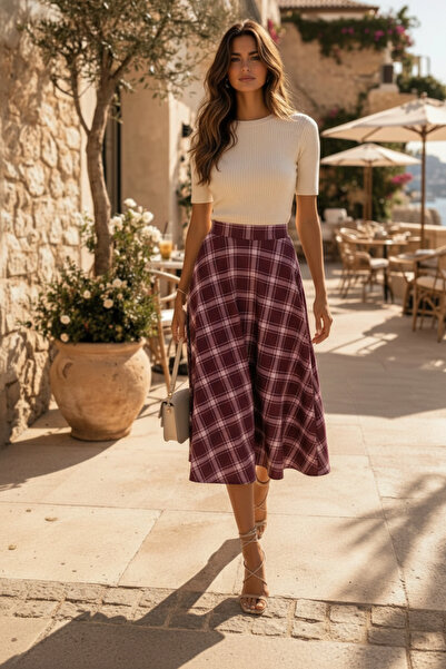 NO 601 Women's Plaid Patterned Midi Length Long Flared Skirt