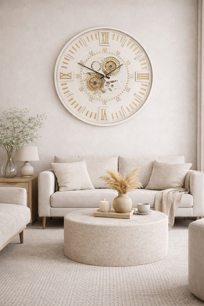 Evdeki Mağaza 60x60cm ÇARKLI METAL DUVAR SAATİ KREM