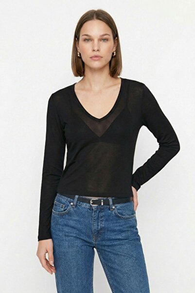 Rays Μαύρη διαφανής μπλούζα με λαιμόκοψη V 0418