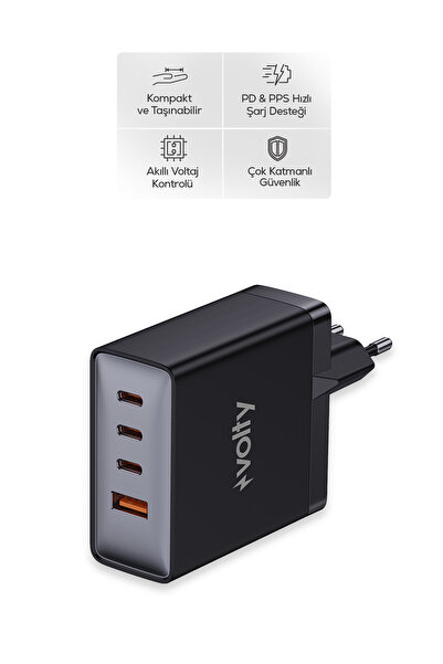 Volty Hızlı Şarj Adaptörü 100W GaN + Type-C Kablo 100W PD | 4 Port, iPhone & ...
