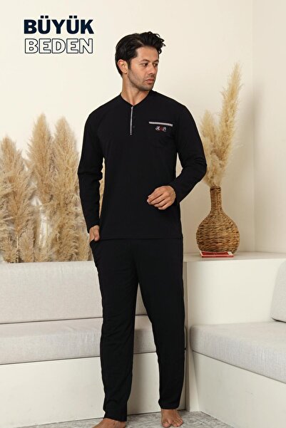 ALİMER Large Size Men's Pajama Set - Black Arma Embroidered Lycra Combed Cott...