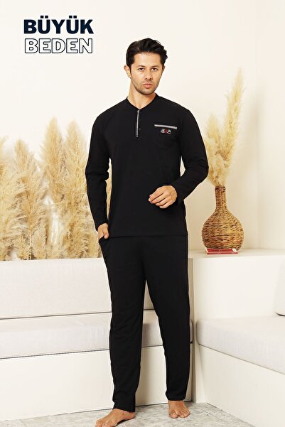 ALİMER Plus Size Men's Pajama Set - Navy Blue Embroidered Lycra Combed Cotton...