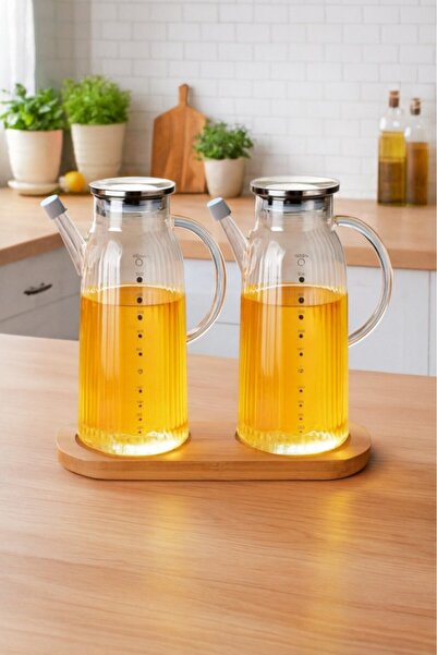 handanca 2 Adet Bambu Standlı Metal Kapaklı Yağlık 1000 Ml GLA-03