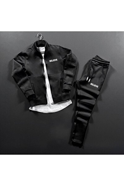 ByFourMan Μαύρο ανδρικό σετ φόρμας BELIEVE Scuba με στάμπα