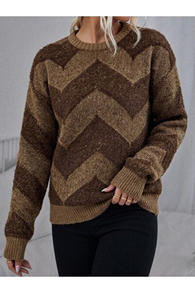 NLT Women's Zigzag Patterned Biscuit Collar Beard Knitwear Sweater - Kz2-2413