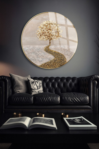 TAULART Real Unbreakable Glass Table Round Tree of Life Golden Road Artistic ...