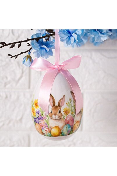 ZanaCasei Ou decorativ de Paște alb cu model de iepure și flori, 12cm