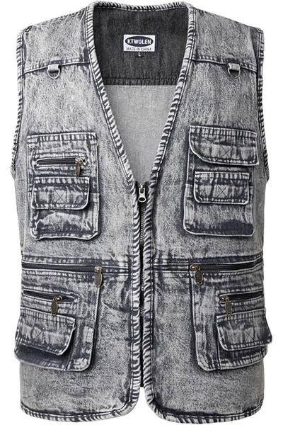 OEM Grey denim vest with zipper and pockets for outdoor outings, L