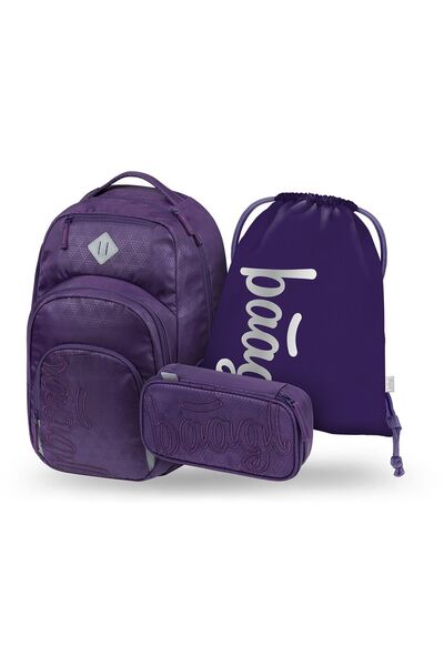 Baagl Set rucsac școlar 3 piese: Rucsac, Penar, Sac, Coolmate Plum, fete, 35L...