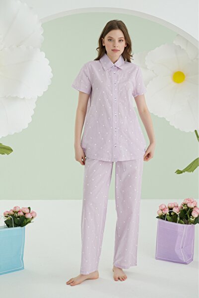 NBB Set de pijamale de damă, cu mâneci scurte, cu inimioare, cu nasturi în fa...