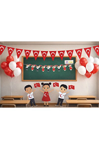 Azebu 23 Nisan Süsleme Seti Türk Bayraklı Flama + Dekoratif Banner + 12’li Kırmızı Beyaz Pastel Balon Seti