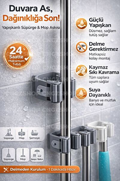 CNGZSHOP Yapışkanlı Süpürge & Mop Askısı | Paspas Sap Tutucu Duvar Aparatı (1...