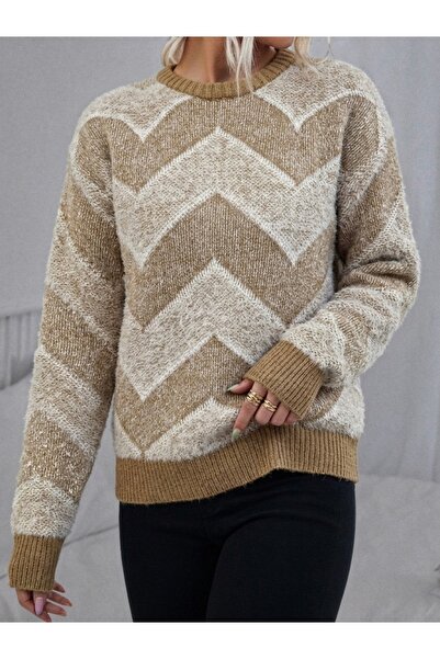 NLT Women's Zigzag Patterned Biscuit Collar Beard Knitwear Sweater - Kz2-2413