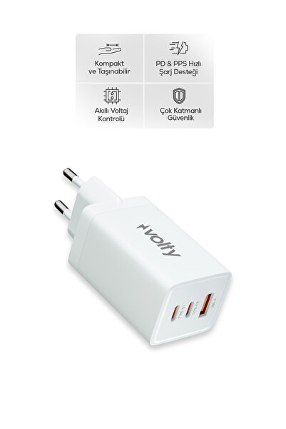 Volty Hızlı Şarj Adaptörü 67W GaN + Type-C Kablo 100W PD | 3 Port, iPhone & S...