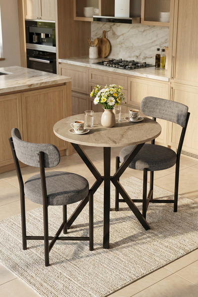 GOLDFALEZ Mutfak Masası 70 Çap 2 Sandalyeli Traverten Görünümlü Balkon Bahçe ...