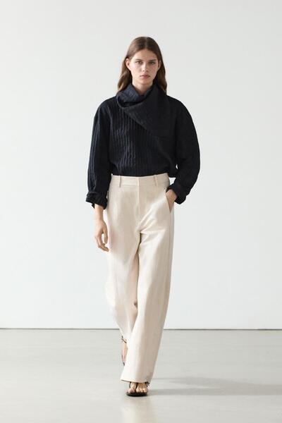 Massimo Dutti Keten pamuklu barrel fit pantolon