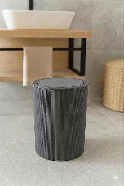 İndecor Houseware Liza Anthracite Gray Striped Round Bathroom Trash Can - Kit...