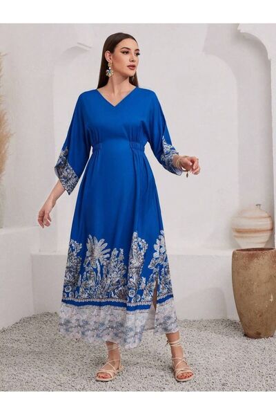 Iuliashop Rochie lungă Torraca albastră cu imprimeu floral alb - S