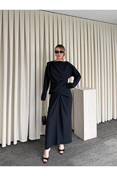 Laluvia Black Draped Skirt Blouse Set - 0674