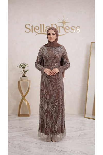 StellaDress Taş İşlemeli Kahverengi Abiye Dar Kalıp