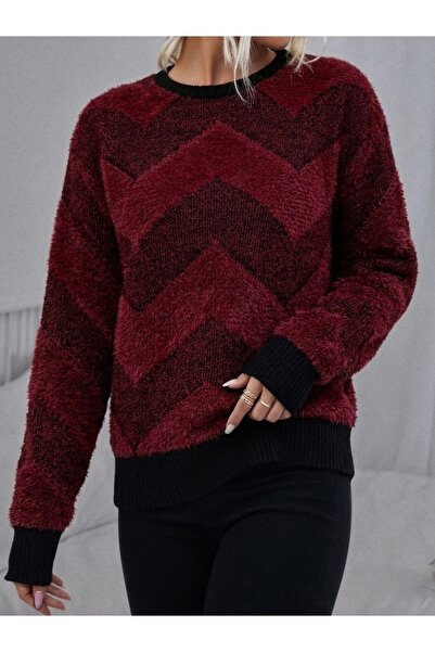 NLT Women's Zigzag Patterned Biscuit Collar Beard Knitwear Sweater - Kz2-2413