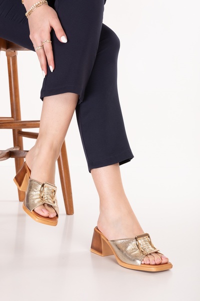 Gondol Genuine Leather Mid-Heel Buckle Women's Slippers Pkr.19008 Gold