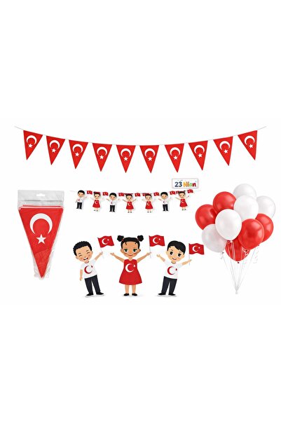 Azebu 23 Nisan Süsleme Seti Türk Bayraklı Flama + Dekoratif Banner + 12’li Kırmızı Beyaz Pastel Balon Seti