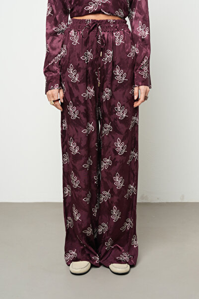 Orfeo Negro Women's Leaf Patterned Burgundy Jacquard Palazzo Trousers