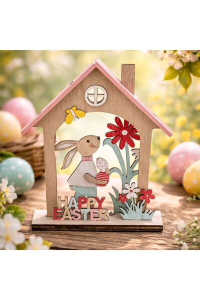 ZanaCasei Decorațiune de masă de Paște din lemn, Căsuță cu iepuraș și floare ...