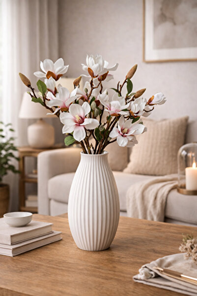 ELZI ATÖLYE 4 Dallı 7Çiçekli Beyaz Manolya Yapay Çiçek Buketi – 55 cm | Yoğun...