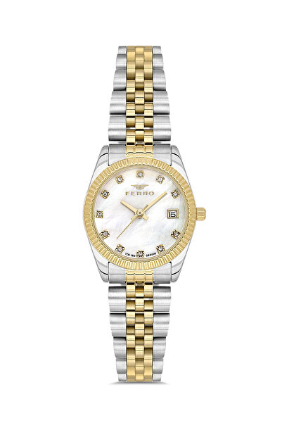 FERRO ساعة يد نسائية بسوار فولاذي أصفر وفضي FL21743A-D مقاومة للماء 3ATM مع ض...