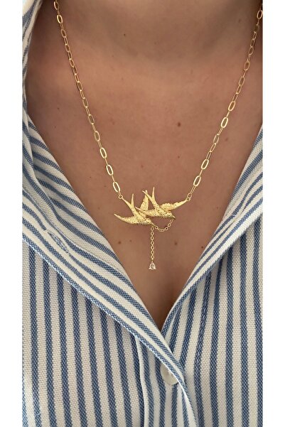 mibrillo Paper clip chain double swallow single stone pendant trend necklace