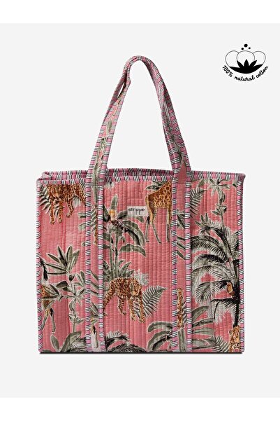 Strippe Palmiye Desenli Pamuklu Kumaş Pembe Günlük Omuz Çantası - Tote Bag