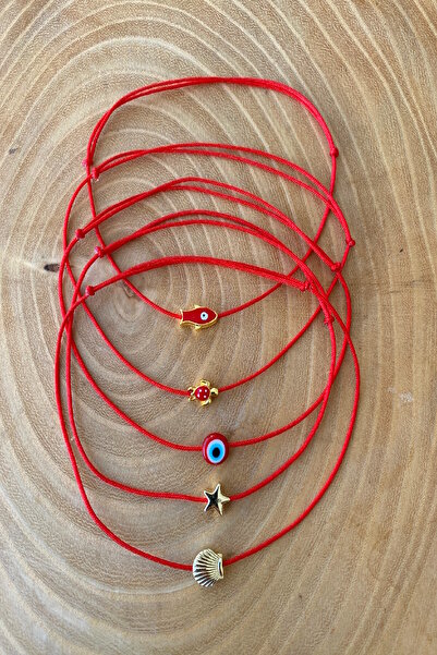 Shepidi 5-Piece Set of Adjustable Red Rope Anklets with Gold and Red Objects