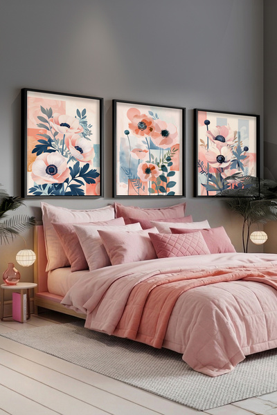 STARYUNA Σετ τριών πίνακων ζωγραφικής με μαύρο ξύλινο πλαίσιο, με θέμα λουλού...