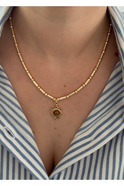 mibrillo Gold boru topçuk detaylı kolye yaz kolyesi trend kolye